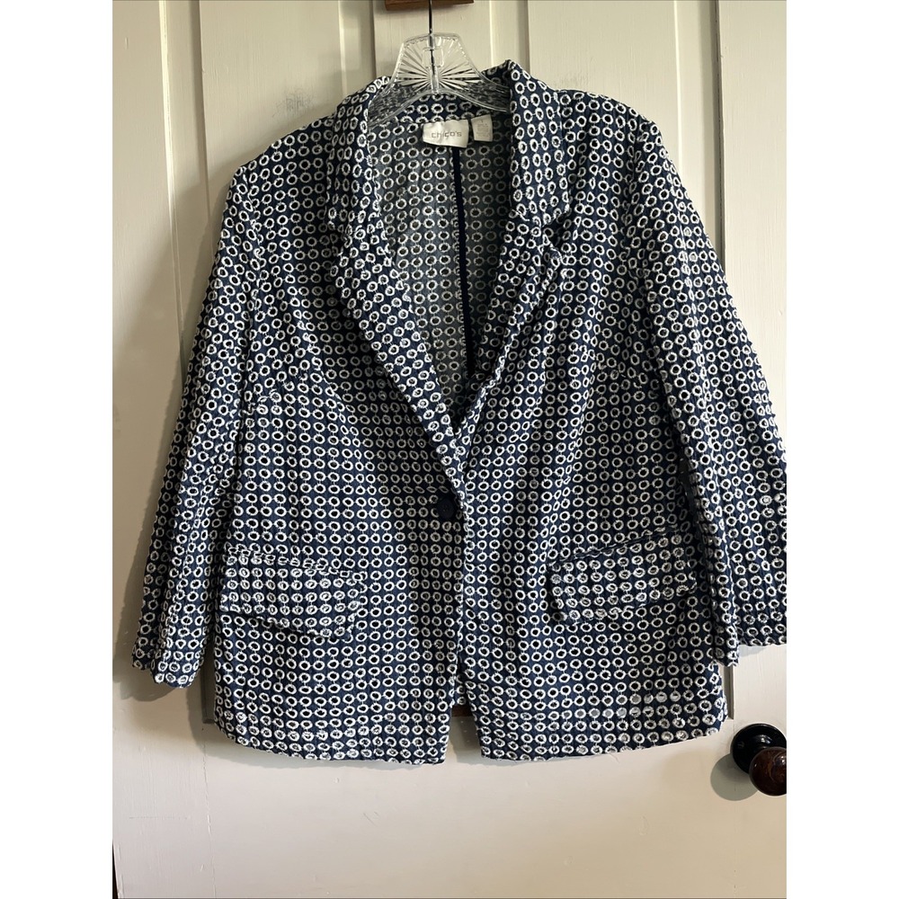 Chico's Blue Eyelet Single Breasted Notch Lapel Blazer Jacket Size 1 Nautical